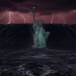 Wave engulfing the statue of liberty.