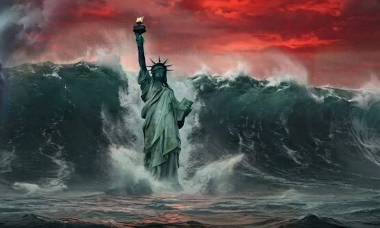 Wave engulfing the statue of liberty.