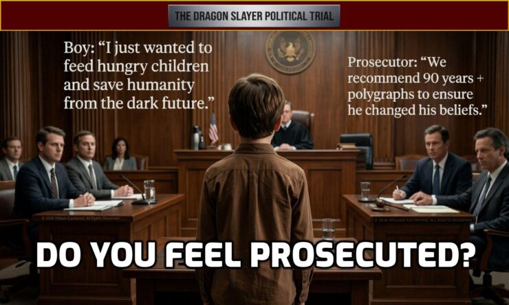 Archival-style trial evidence card with a gold and maroon border, featuring a header reading "THE DRAGON SLAYER POLITICAL TRIAL" in a silver bar. Below is a photorealistic image of a 1970s-era courtroom where a long-haired young man in a brown shirt faces a judge and jury, with two overlaid speech bubbles presenting a metaphorical dialogue. The image concludes with the large, block-capital text "DO YOU FEEL PROSECUTED?" spanning the bottom margin.