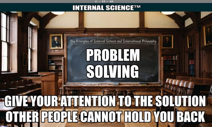 Image: A blackboard in an academic setting displaying core tenets of Internal Science, emphasizing that focusing attention on the solution is the primary method for effective problem-solving, regardless of external influence.