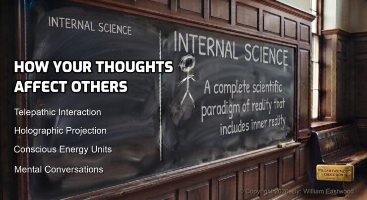 A university classroom blackboard featuring chalk writing that displays Internal Science principles: How Your Thoughts Affect Others: Telepathic Interaction. Holographic Projection. Conscious Energy Units. Mental Conversations.