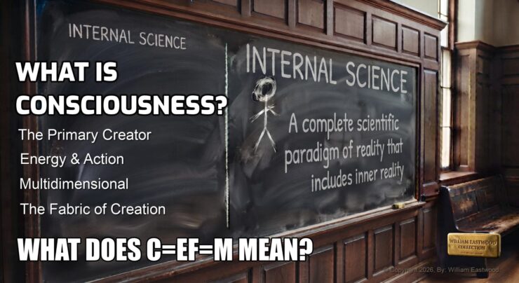 University classroom chalkboard diagram illustrating Internal Science as THE FUTURE MAINSTREAM SCIENCE converging quantum physics, neuroscience, and ancient wisdom.