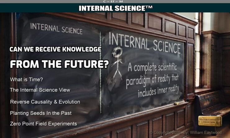 A university classroom blackboard featuring chalk writing that displays Internal Science principles: Can We Receive Knowledge From the Future? What is Time? The Internal Science View? Reverse Causality & Evolution. Planting Seeds In the Past. Zero Point Field Experiments.