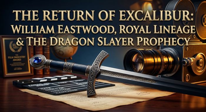 A concise icon-link graphic featuring an ornate Excalibur sword with a sapphire pommel and a professional camera lens. The gold-embossed title at the top reads: 'THE RETURN OF EXCALIBUR: WILLIAM EASTWOOD, ROYAL LINEAGE & THE DRAGON SLAYER PROPHECY'. The background is a blurred, professional dark study.