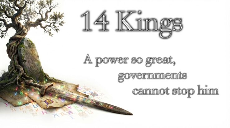 Excalibur is resting on a colorful, monk-illustrated manuscript next to a gnarly old oak tree and a Celtic inscribed stone. In the air it is written in large regal silver font, 14 Kings: A power so great, governments cannot stop him