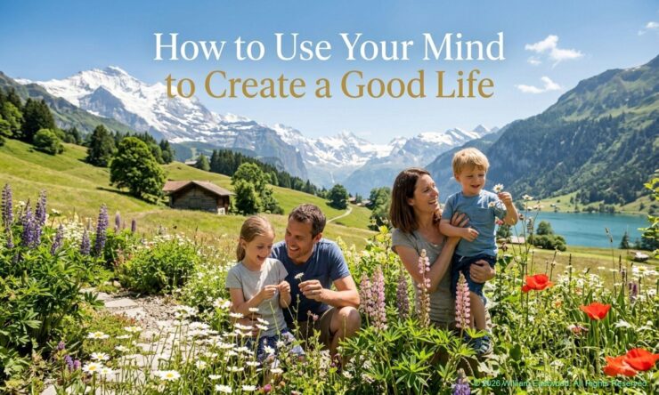 A family enjoys a summer field in the mountains, representing the creation of a good life through internal thought.