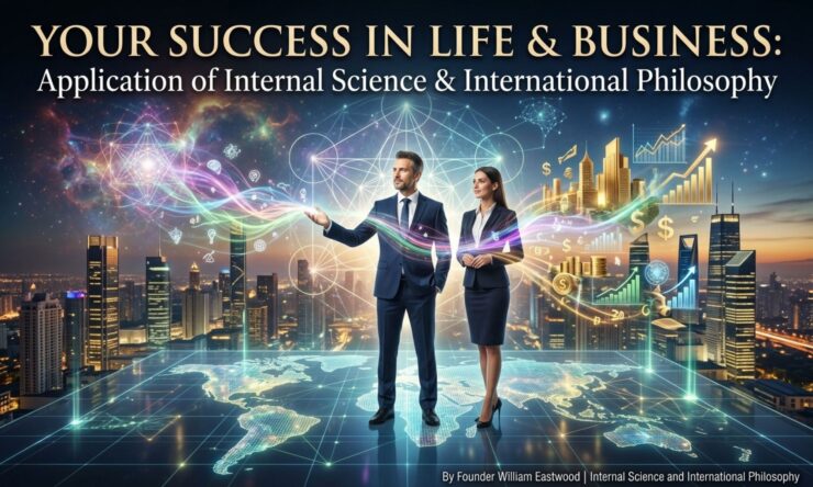 Navigation version of feature image visualizing consciousness manifesting business success: A professional standing on a glowing world map, directing energy that materializes a golden cityscape and growth symbols.