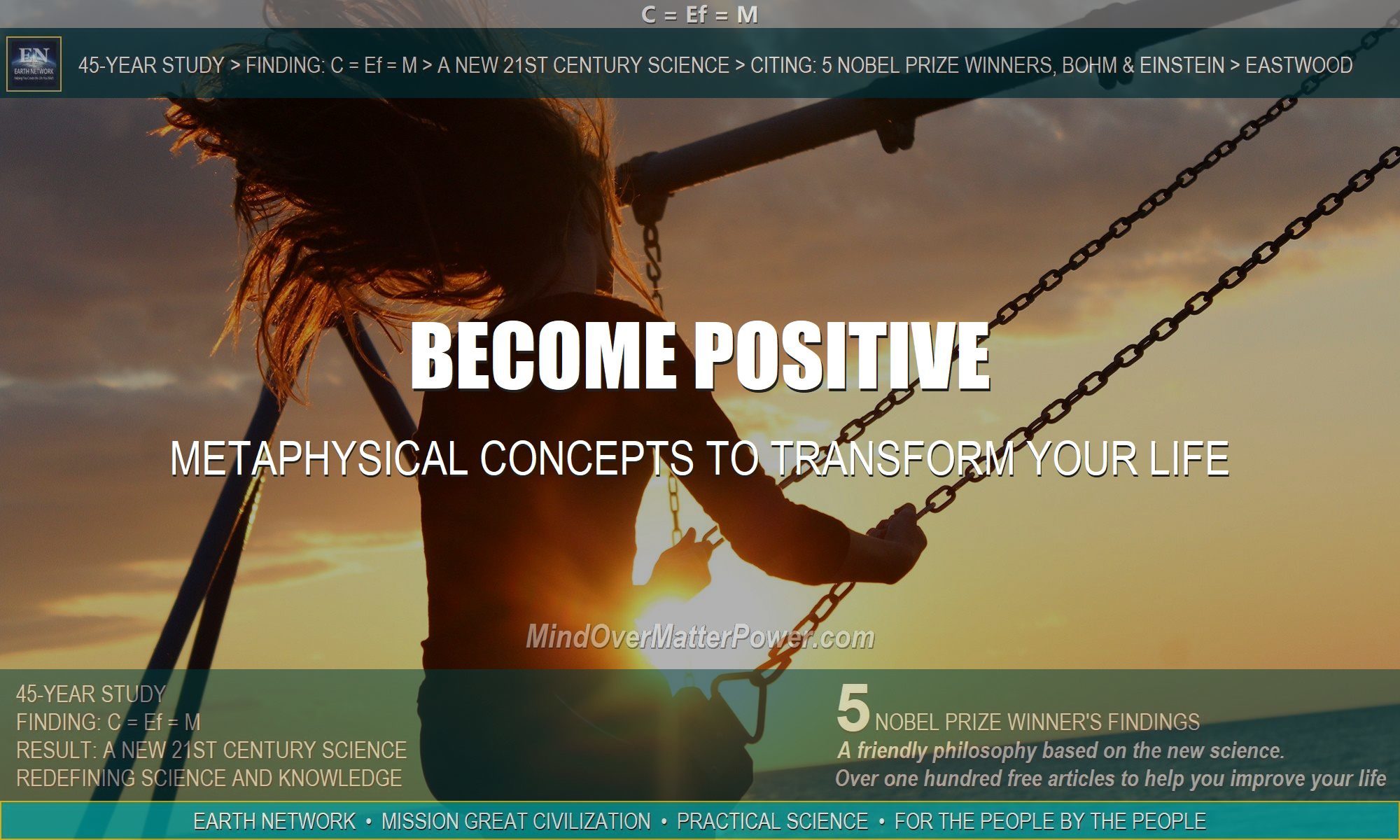 Woman on swing has stopped worry, negative thinking, fear and doubt using metaphysical concepts to transform her life.
