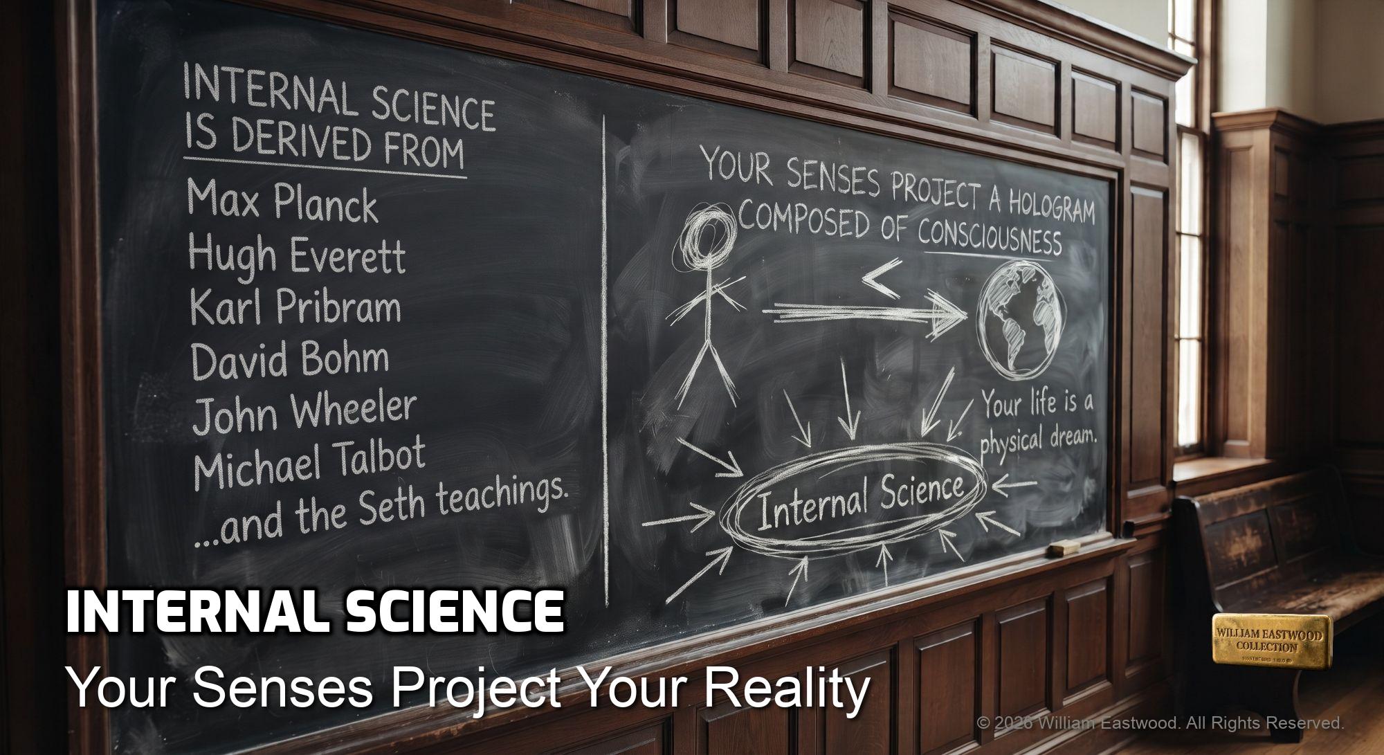 A university classroom blackboard on which it is written, “INTERNAL SCIENCE™ IS DERIVED FROM, Max Planck, Hugh Everett, Karl Primbram, David Bohm, John Wheeler, Miachael Talbot and the Seth teachings. Your senses project a hologram of consciousness. Your life is a physical dream. INTERNAL SCIENCE™: Your Senses Project Your Reality.