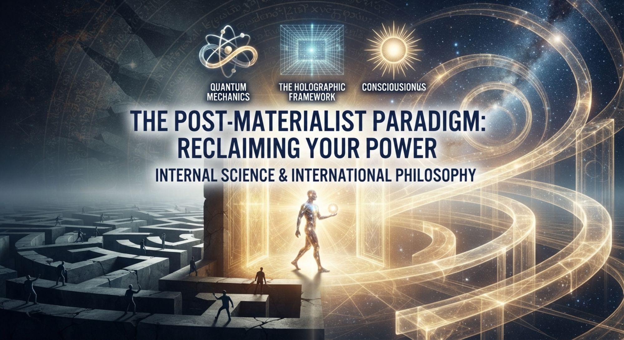 Conceptual illustration of a paradigm shift from a dark labyrinth (materialism) to a radiant cosmic landscape (post-materialism) by Internal Science and International Philosophy, featuring a sovereign human figure stepping through an energetic gateway and symbols for Quantum Mechanics, the Holographic Framework, and Consciousness.