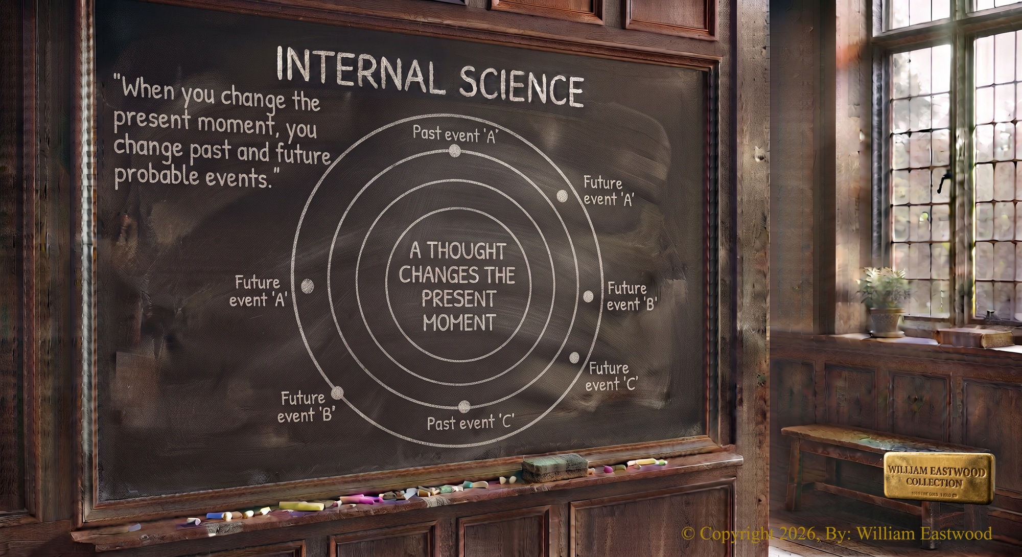 Rendition depicting a Yale University classroom & Internal Science lesson. On the blackboard is written, "INTERNAL SCIENCE: When you change the present moment you change past and future probable events. At the center of concentric circles is written, "A THOUGHT CHANGES THE PRESENT". The illustration conveys that other points in past and future change when the present is changed with a thought.