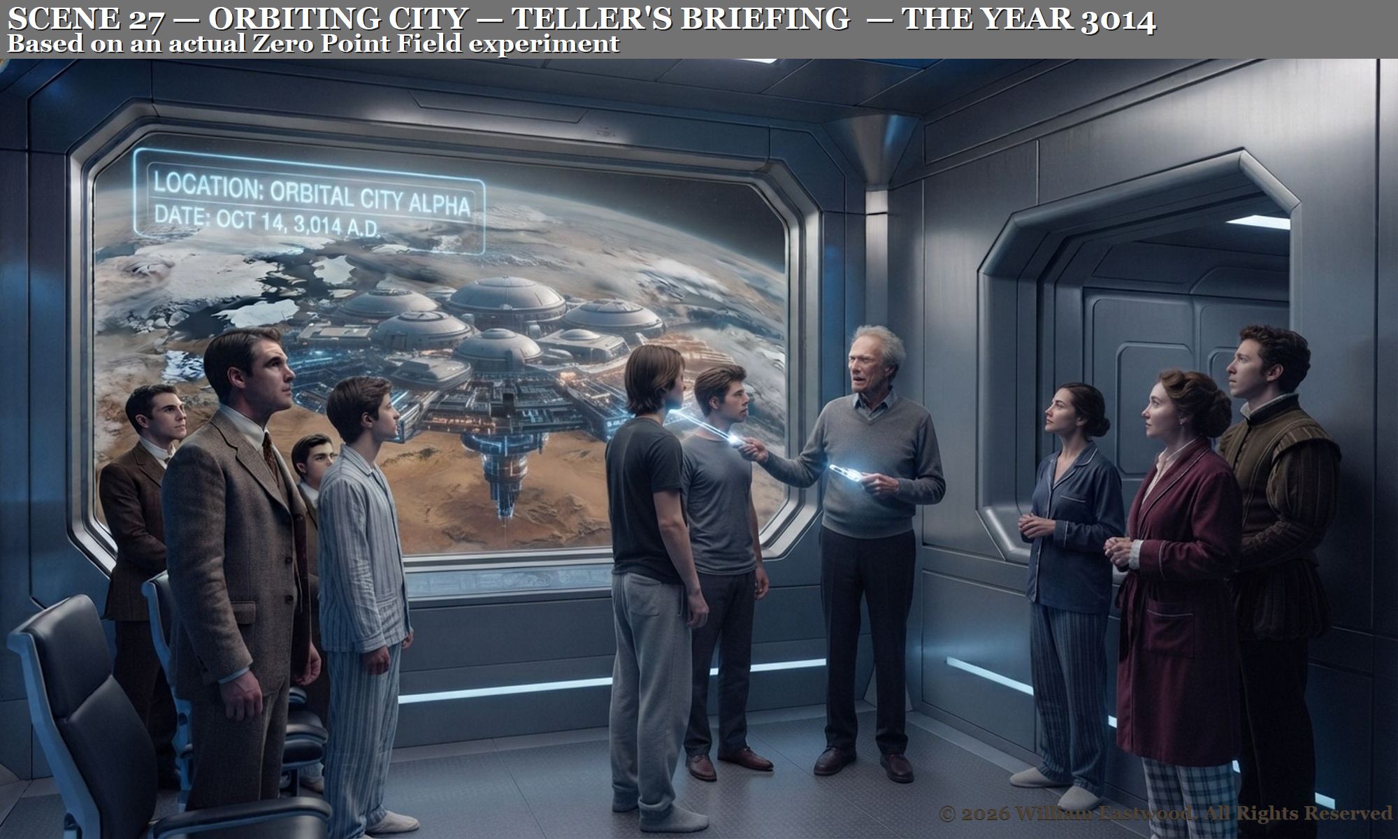 A cinematic still from a film shows a group of people in a futuristic orbital station briefing room. An older man with a pointer briefs a diverse group (including people in period suits, pajamas, and a historical doublet) standing before a massive viewport displaying Earth and a large orbital city. A prominent text banner across the top reads: "SCENE 27: ORBITING CITY: TELLER'S BRIEFING - THE YEAR 3014: Based on an actual Zero Point Field experiment."