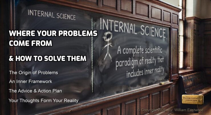 A university classroom blackboard featuring chalk writing that displays Internal Science principles: WHERE YOUR PROBLEMS COME FROM & HOW TO SOLVE THEM: The origin of problems. An inner framework. The advice & action plan. Your thoughts form your reality.