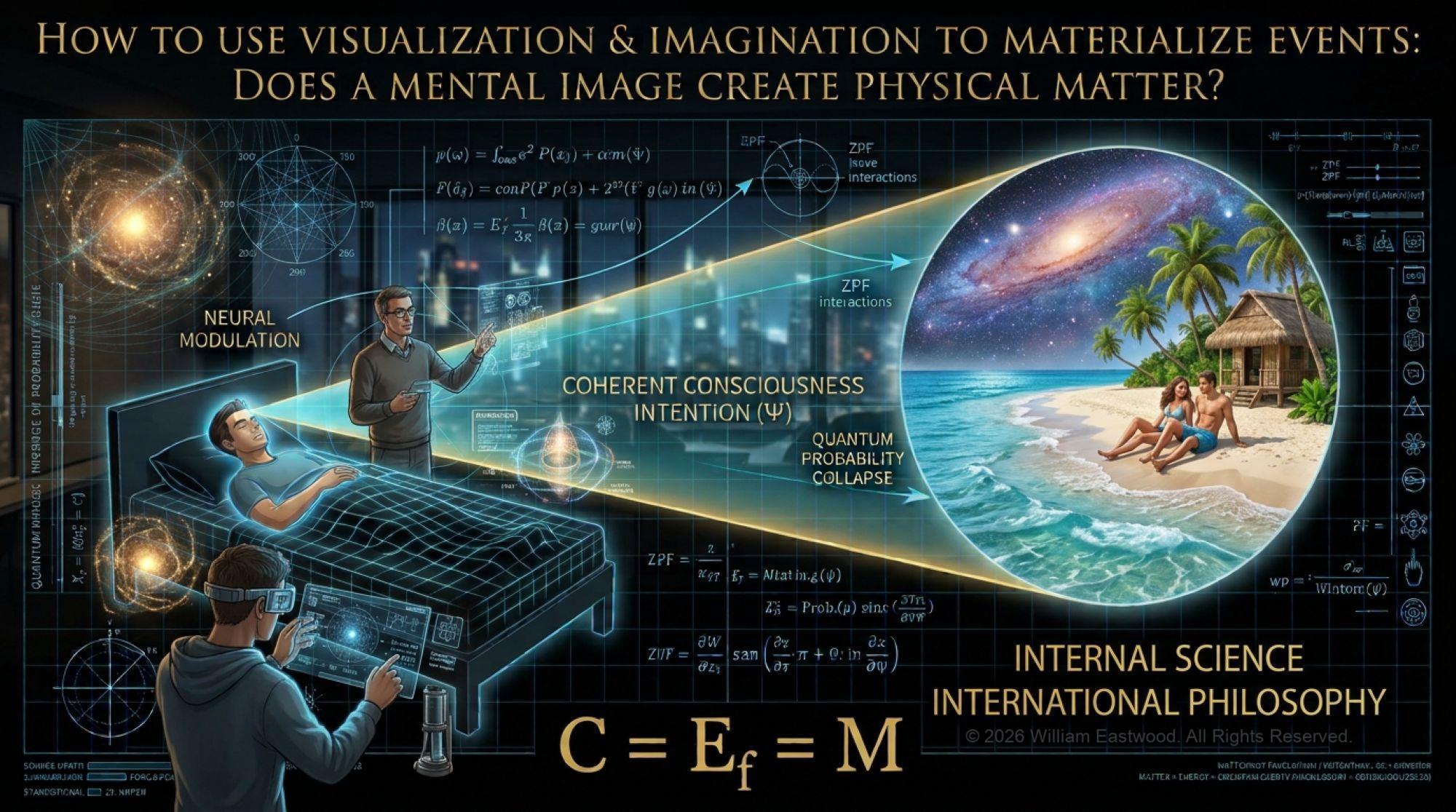 Scientific blueprint diagram showing a person visualizing a tropical island paradise, demonstrating how mental images project physical reality.