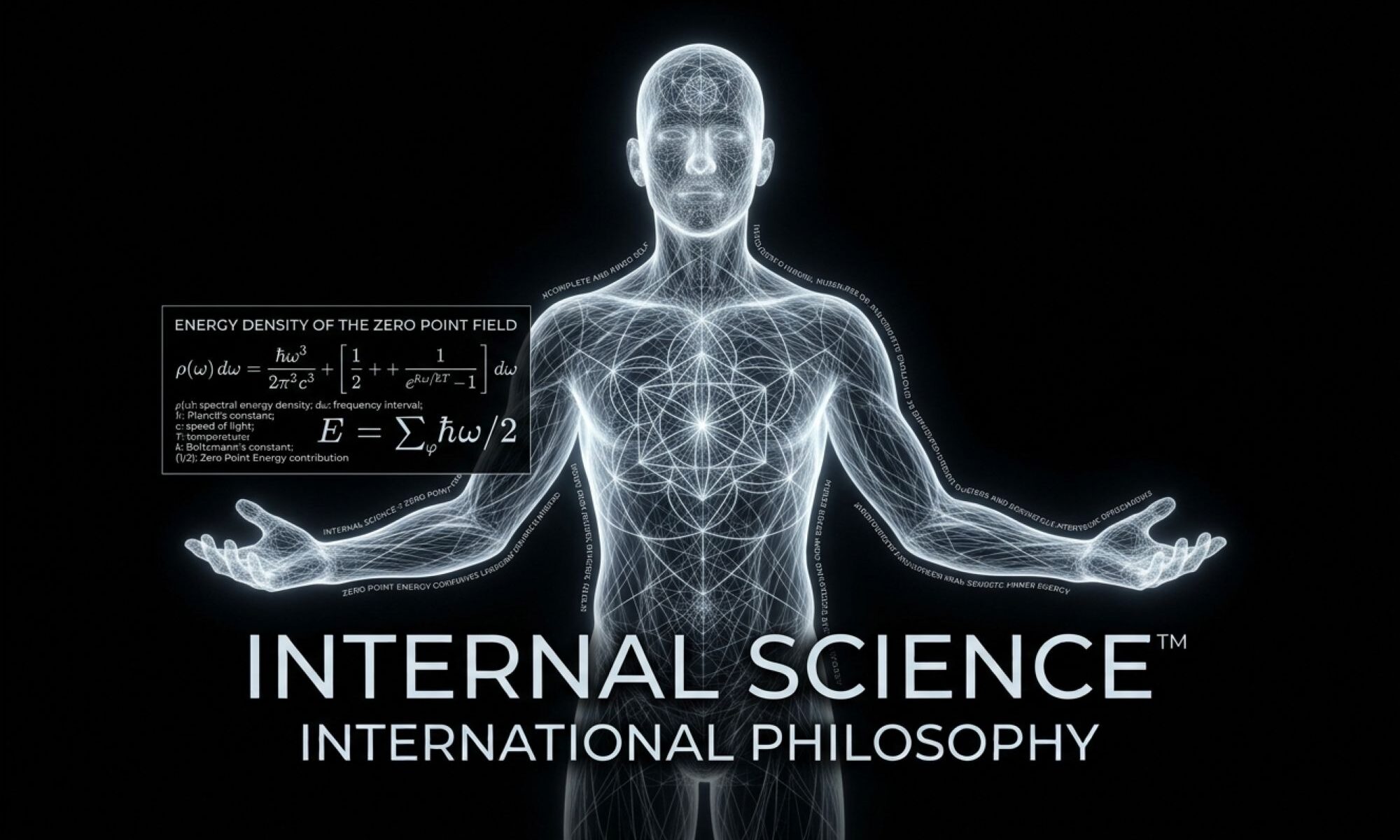 A glowing blue holographic projection of a human's complex energetic structure stands with arms held out, next to a geometric information panel displaying calculations. At the bottom, text reads, "INTERNAL SCIENCE™: INTERNATIONAL PHILOSOPHY".